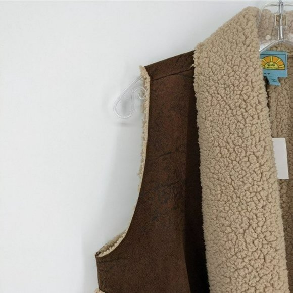 C&C California Faux Suede Sherpa Vest Small Coffee Brown Tan Boho Open Front New - Picture 3 of 13